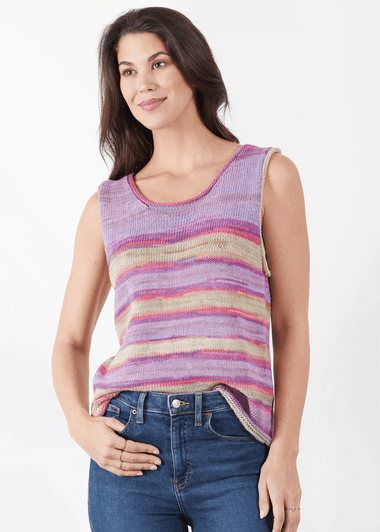 The Racerback Tank is in a plain stockinette stitch. It uses variegated yarn that I assume is self striping. It is a lavender color with dark purple, pink, and yellow stripes.  
