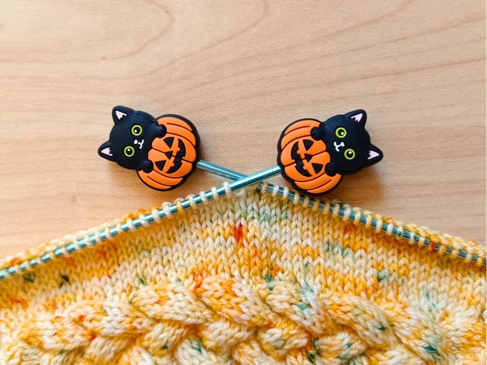 Halloween Stitch Stoppers on Knitting Pumpkin and Black Cat Stitch Stoppers